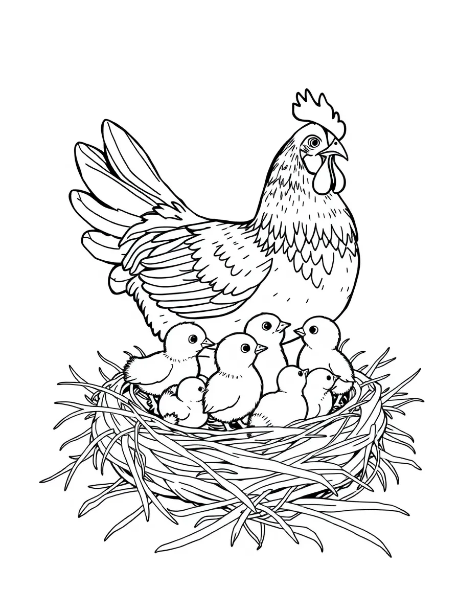 A mother hen gathering her chicks under her wings in a nest
