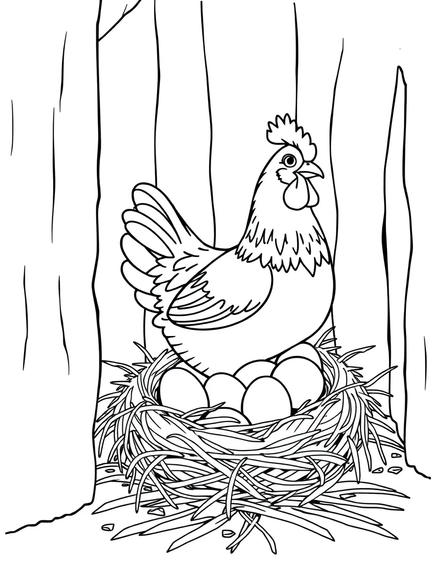 A chicken sitting on a nest full of eggs in the corner of a coop