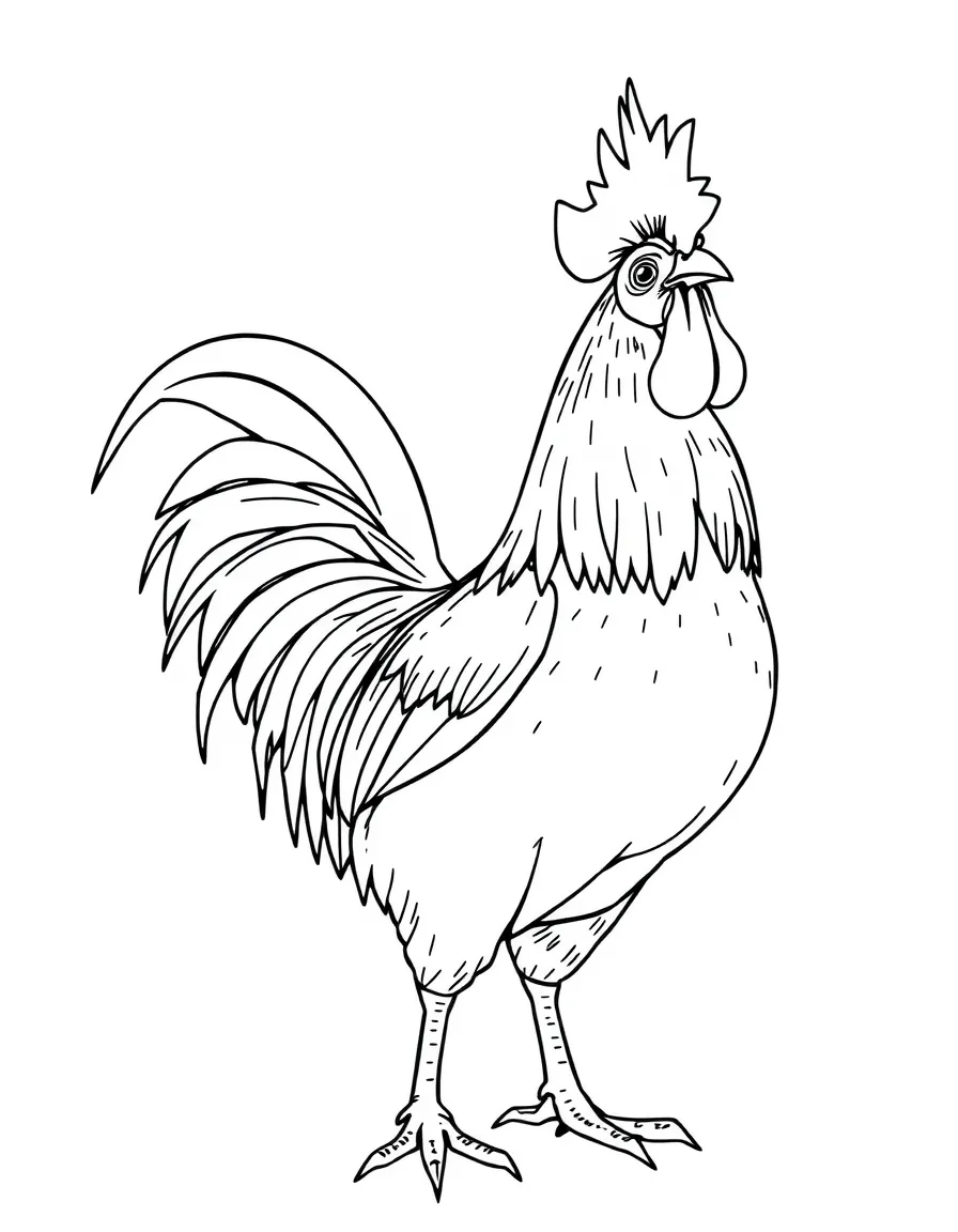 A rooster crowing with its head thrown back and chest puffed out