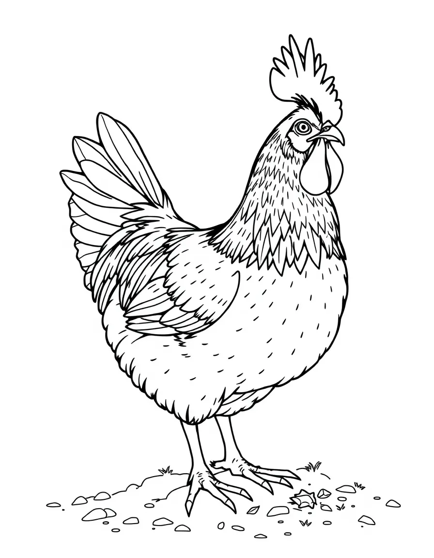 A chicken with fancy decorative feathers dusting itself in dry soil