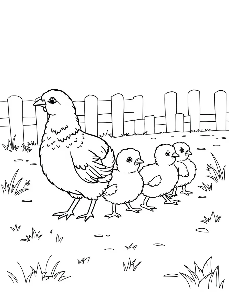 A line of chicks following their mother across the farmyard