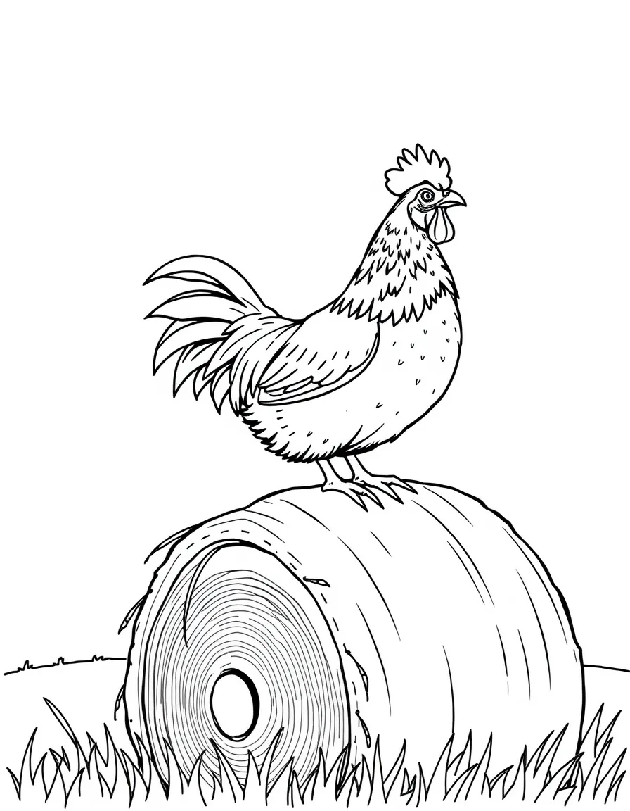 A chicken perched on top of a hay bale surveying the farm
