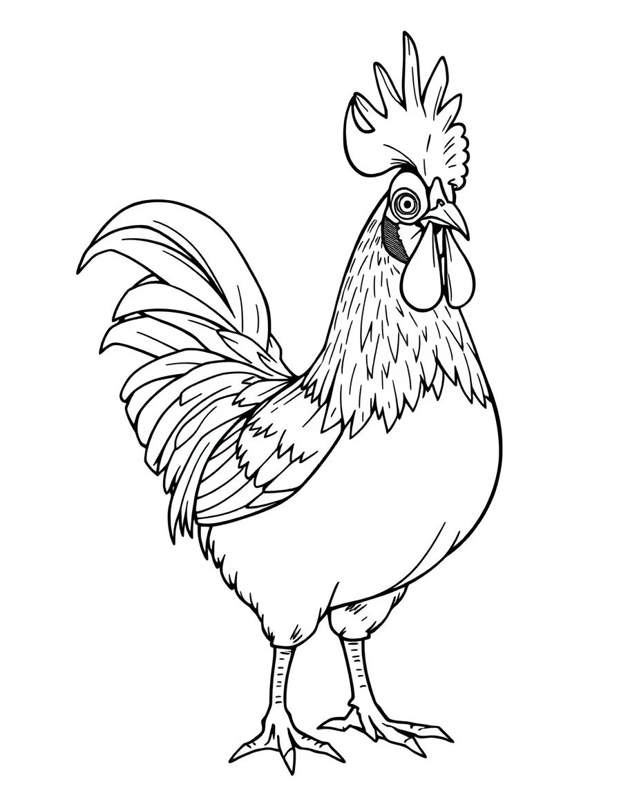 A chicken with an elaborate comb and wattles posing proudly