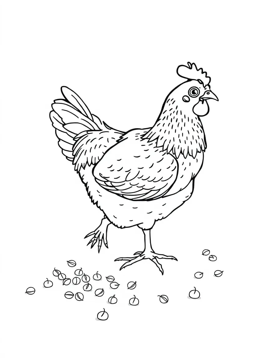 A chicken pecking at seeds scattered on the ground