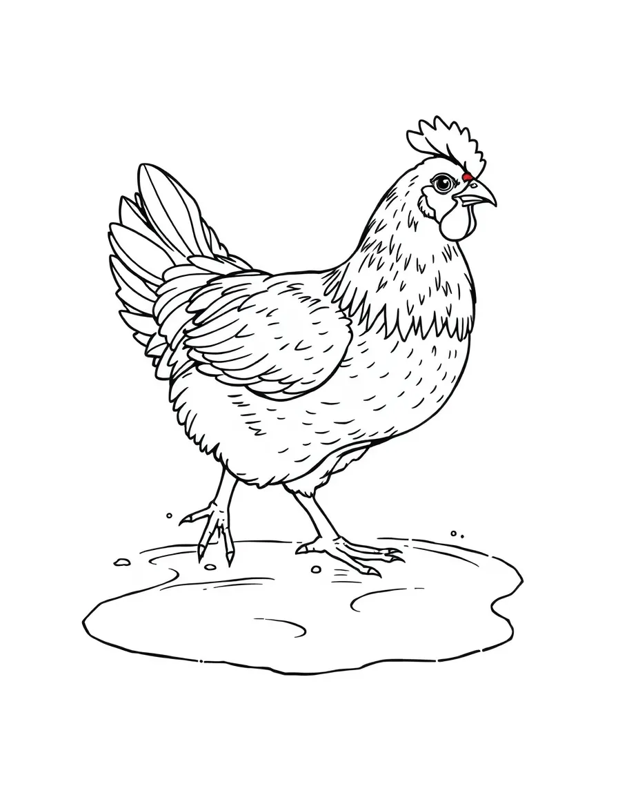 A chicken with feathered feet carefully stepping through puddles