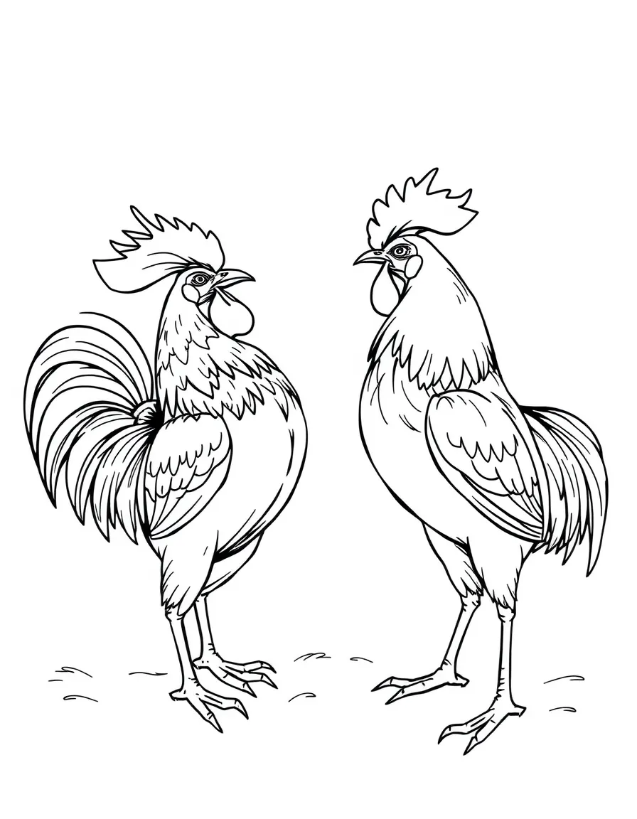A rooster engaging in a dramatic standoff with another rooster