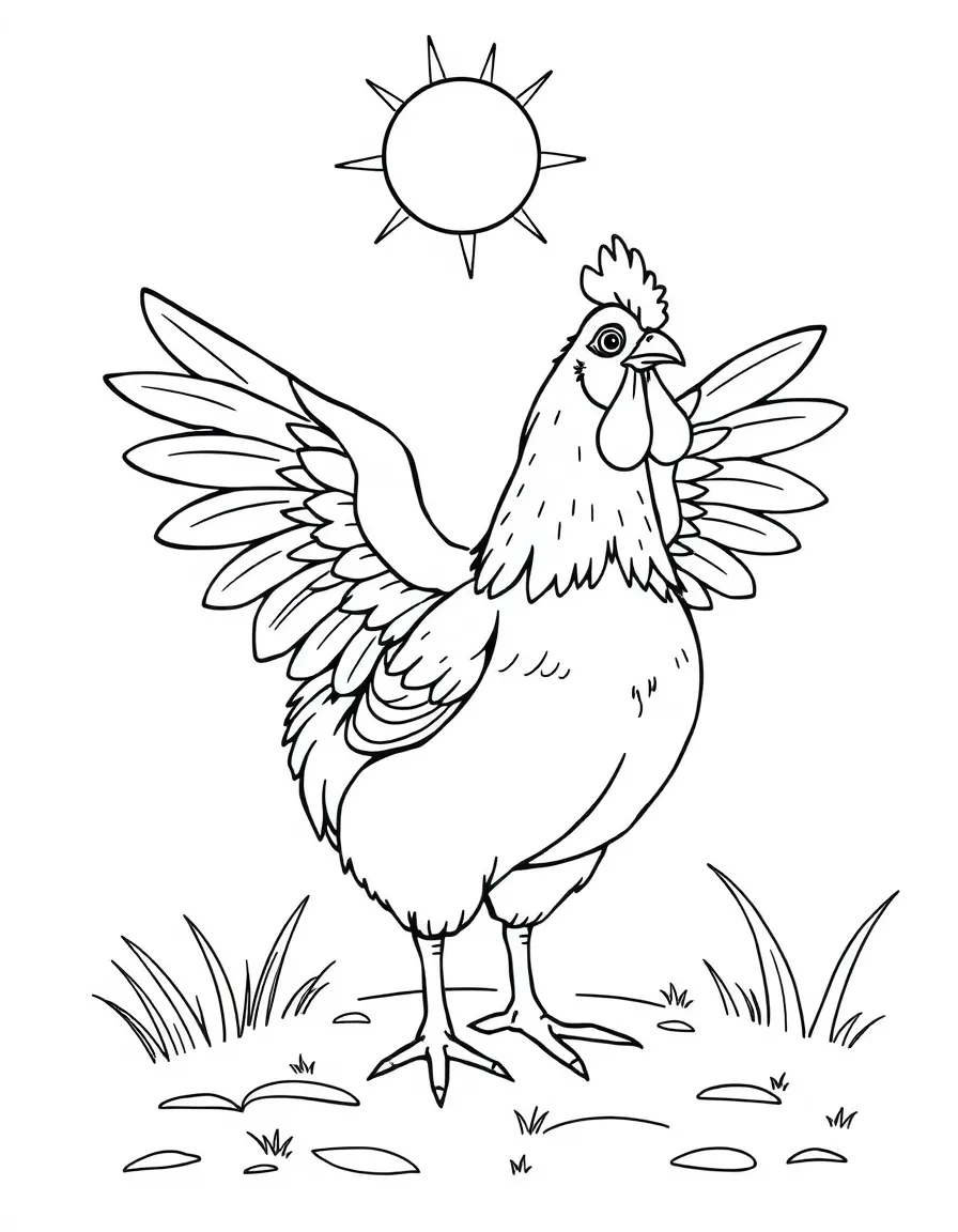 A chicken with its wings spread wide in a sunny spot