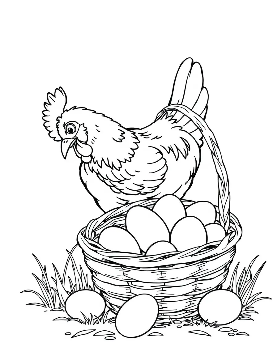 A chicken investigating a basketful of freshly gathered eggs