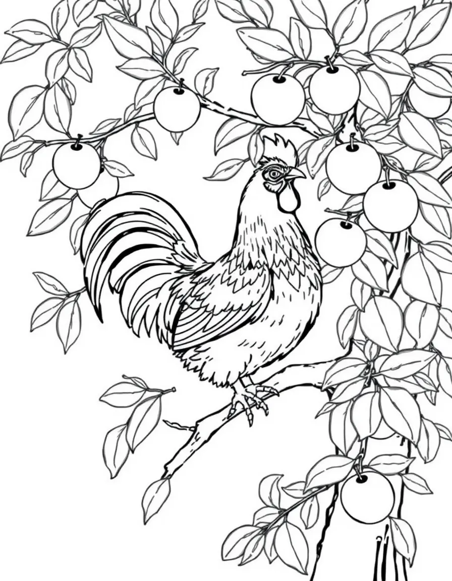 A chicken roosting in an apple tree laden with fruit