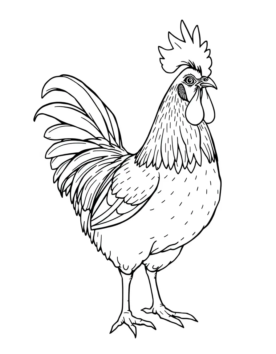 A chicken with elaborate plumage in a show stance
