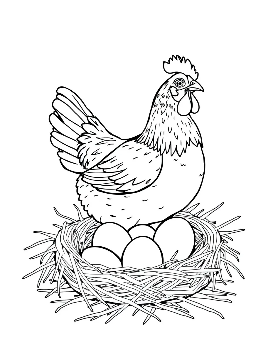 A hen sitting attentively on a clutch of eggs in a straw nest