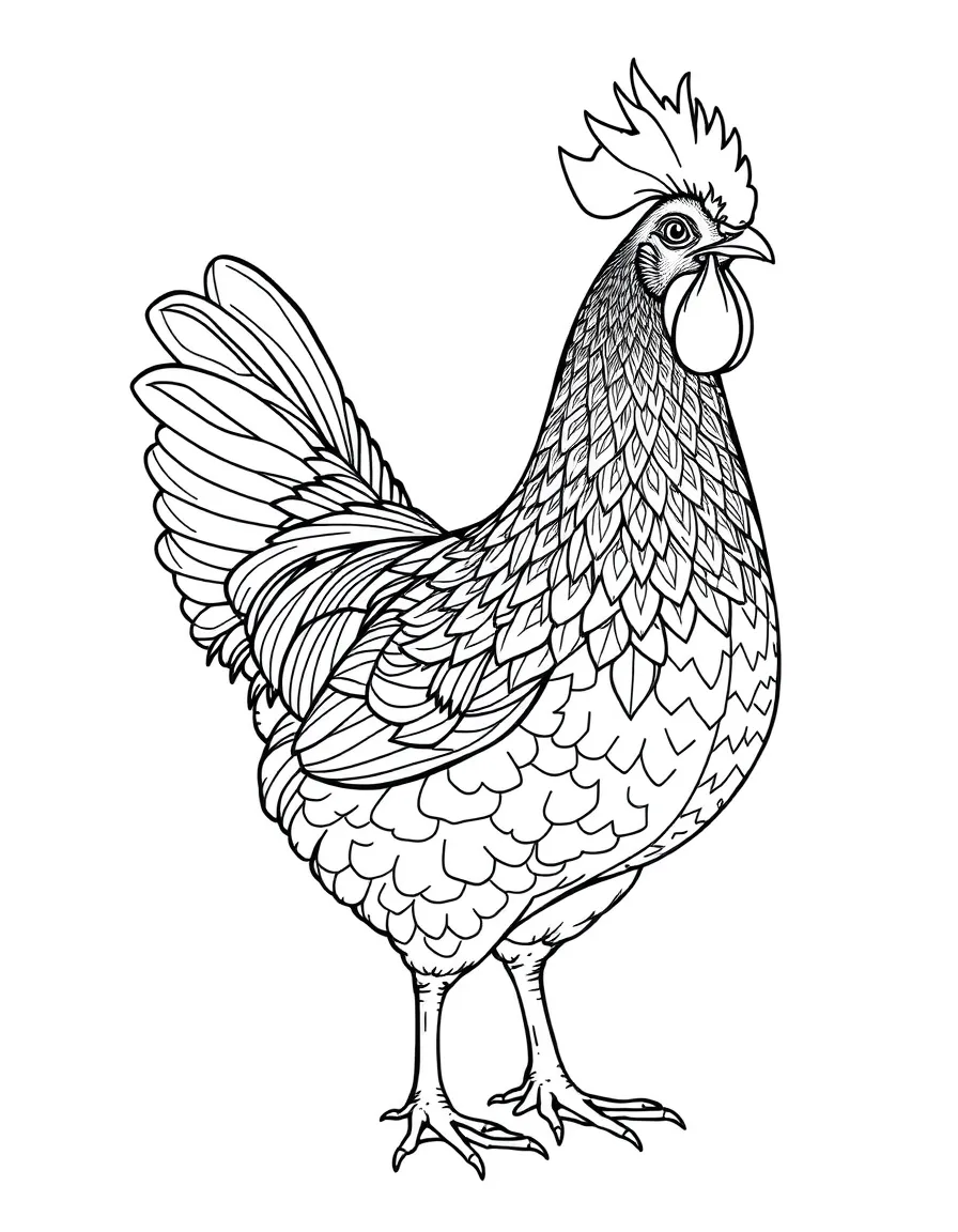 A chicken with remarkably decorative feather patterns