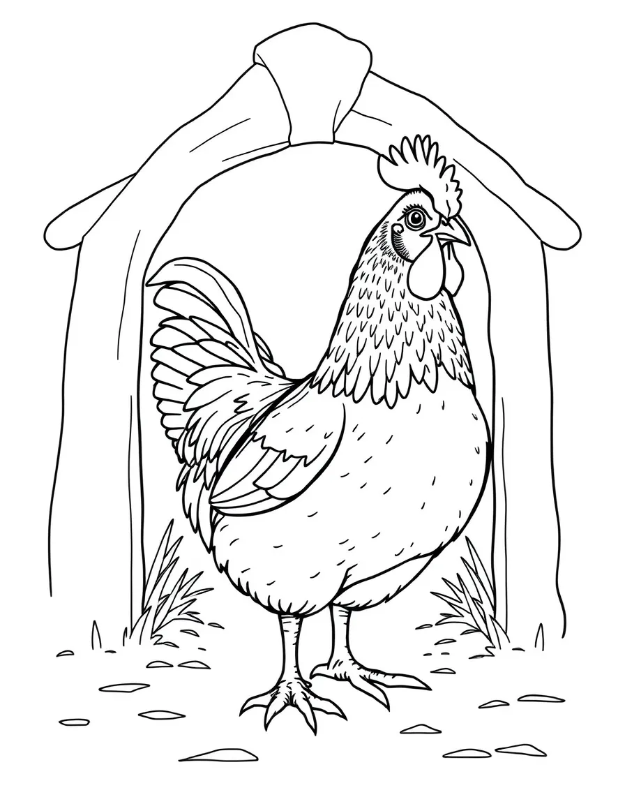 A chicken standing at the entrance of its coop like a guardian