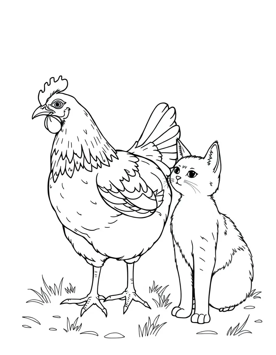 A chicken interacting with a curious farm cat keeping its distance