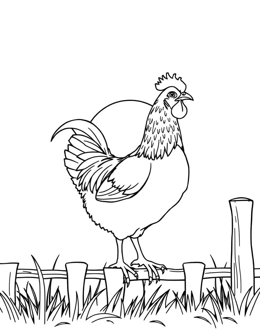 A chicken silhouetted against the rising sun on a fence