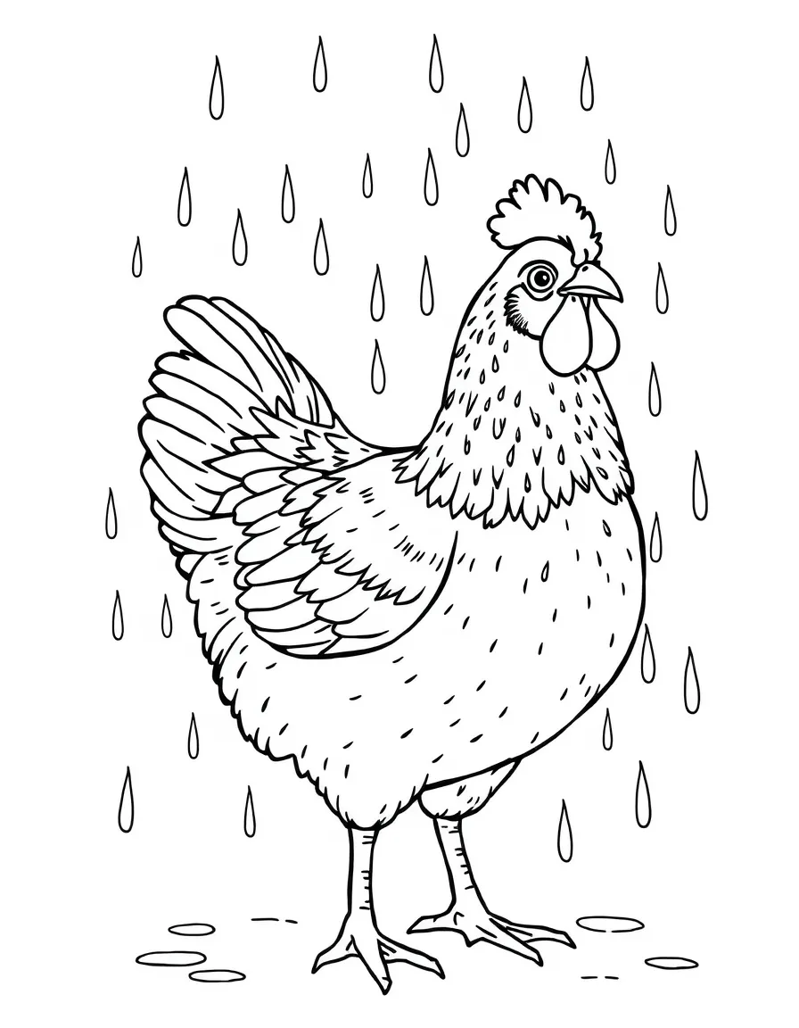 A chicken with raindrops beading on its feathers after a shower