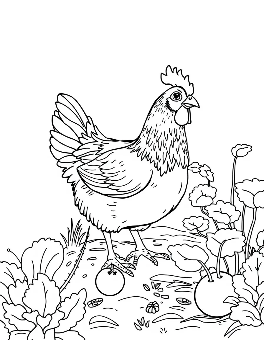 A chicken exploring a garden patch with vegetables growing