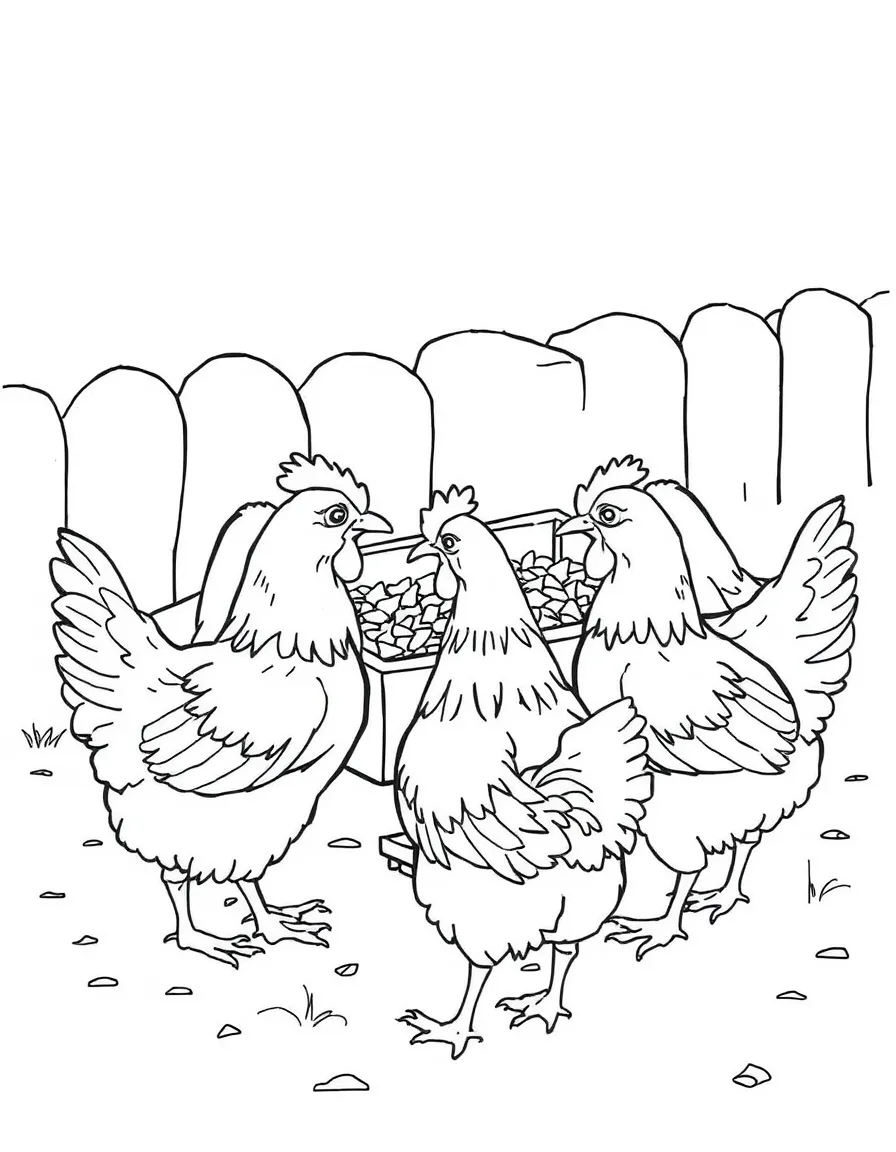 A group of chickens gathered around a feed trough at mealtime