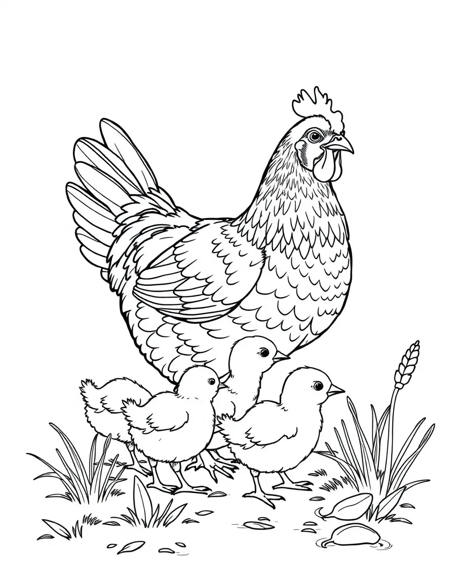 A mother hen teaching her chicks to forage for food