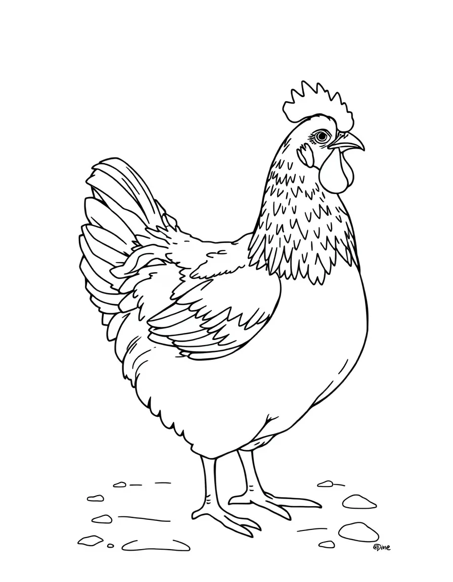 A chicken with snow settled on its back in winter