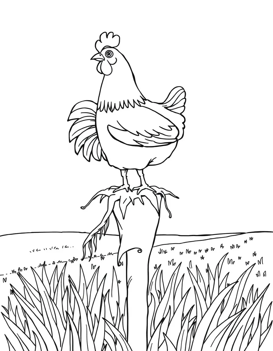 A chicken standing atop a scarecrow in a field