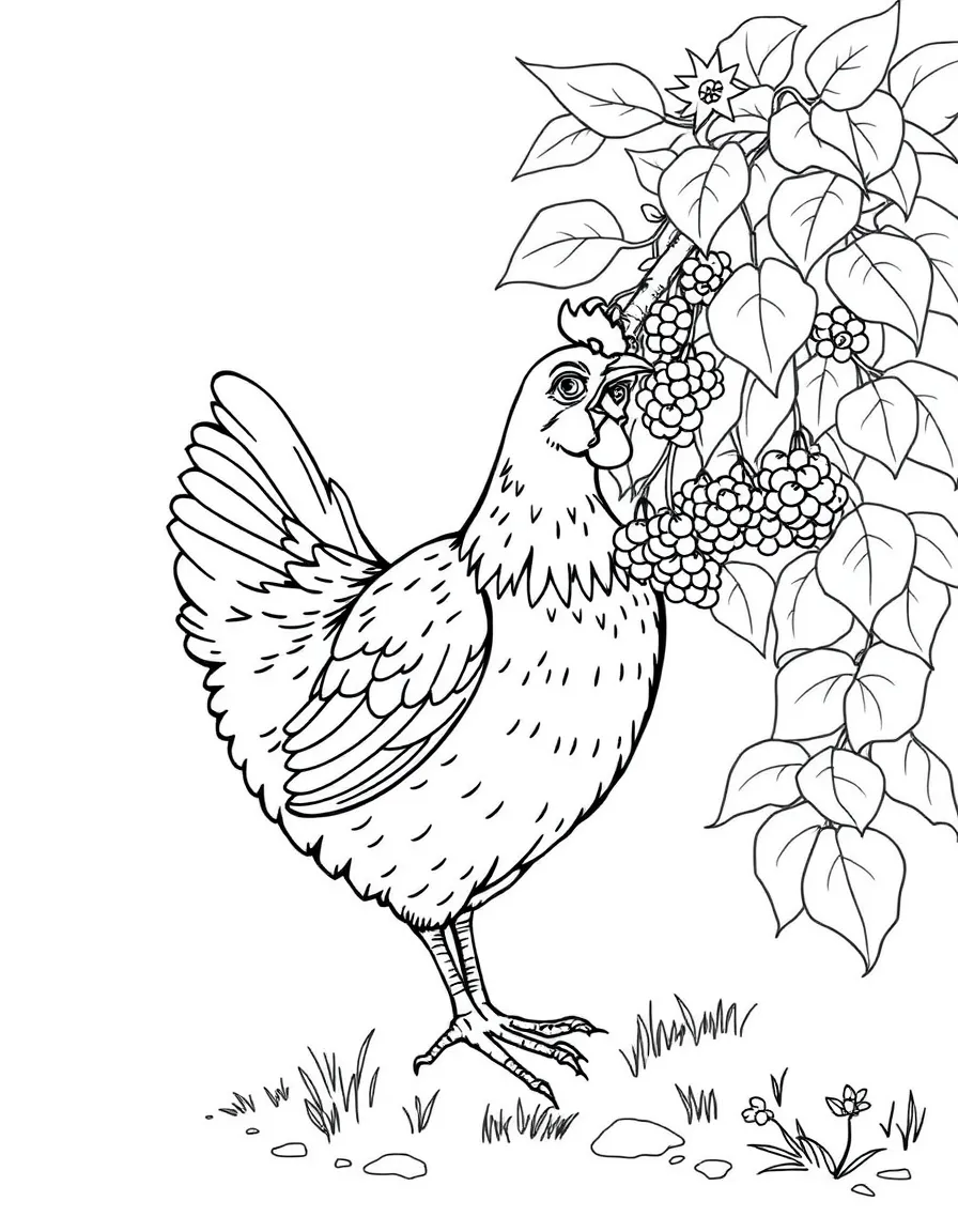 A chicken stealing berries from a low-hanging bush