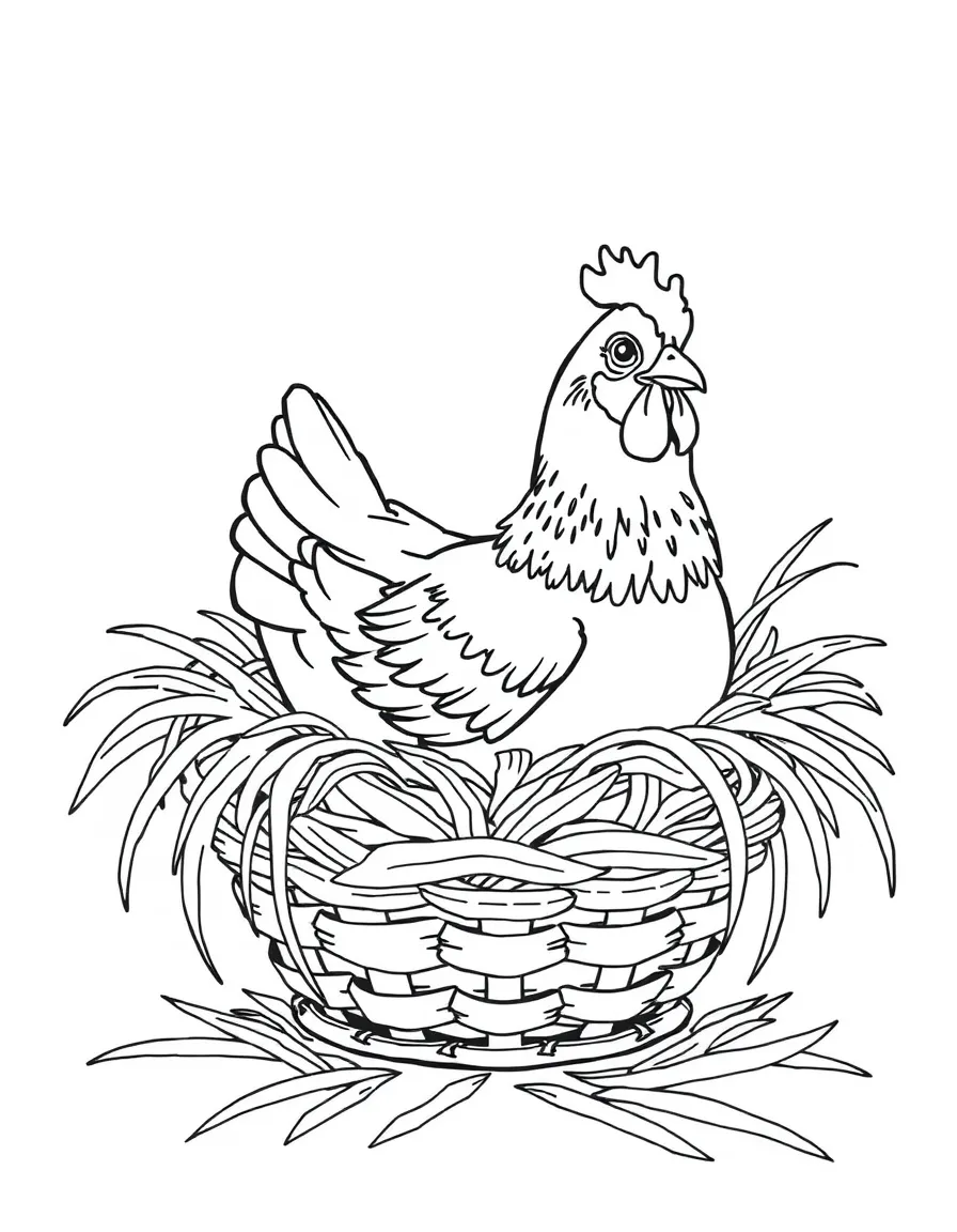 A chicken nestled in a basket of fresh straw