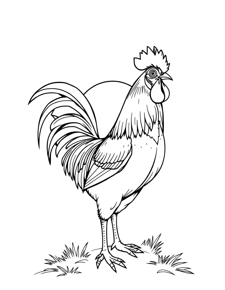 A rooster standing tall as the morning sun rises behind it