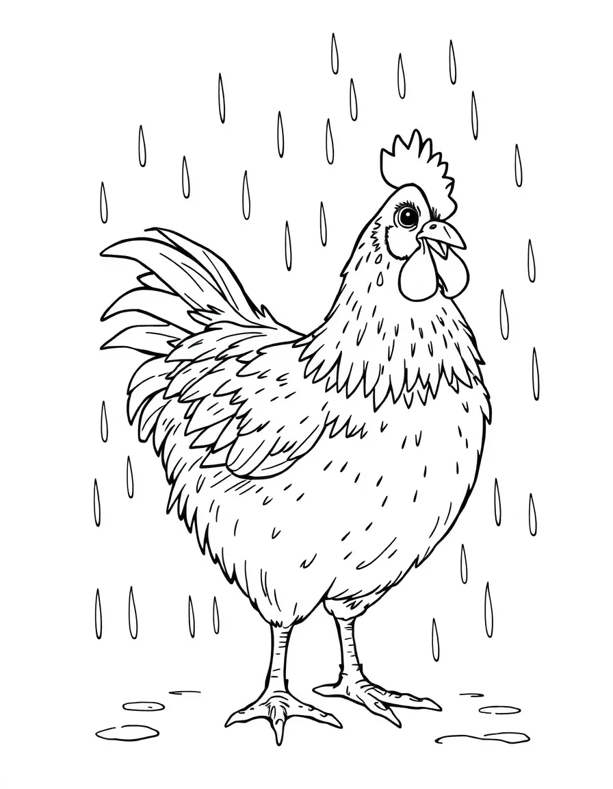 A chicken ruffling its feathers after getting wet in the rain