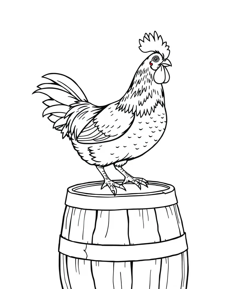 A chicken perched on the edge of a wooden barrel