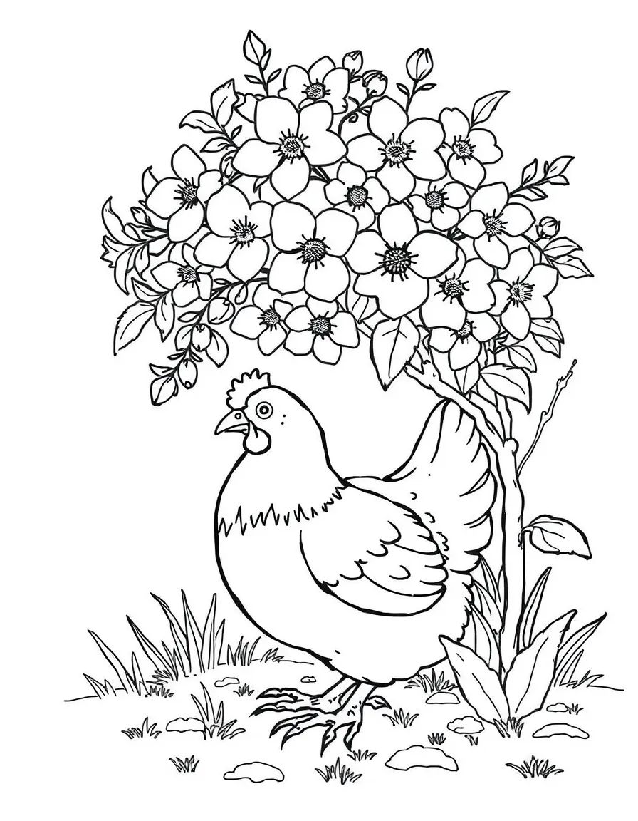 A chicken hiding underneath a flowering shrub