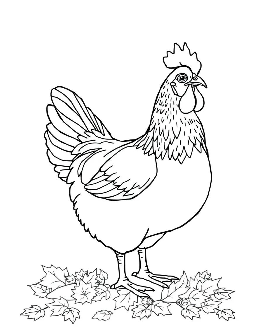 A chicken with autumn leaves scattered around it