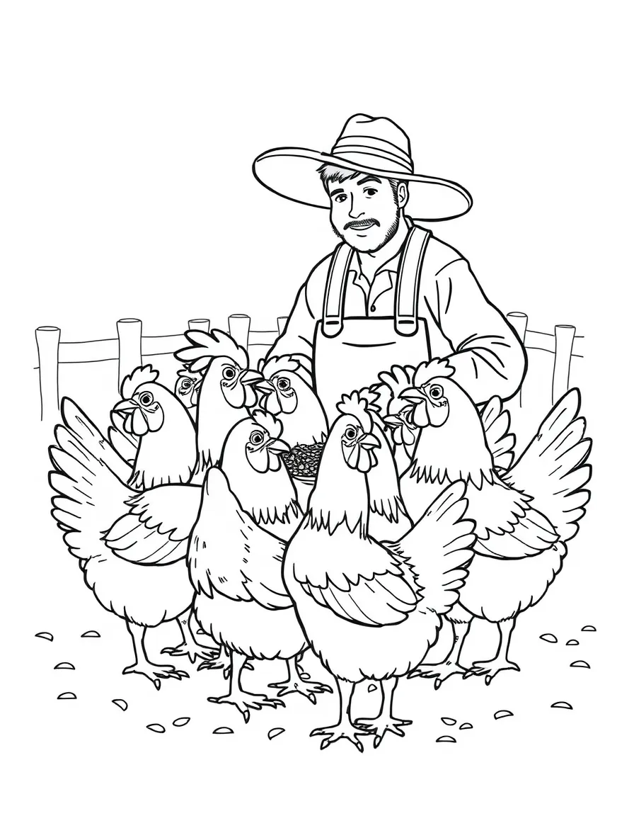 A group of chickens clustered around a farmer with feed