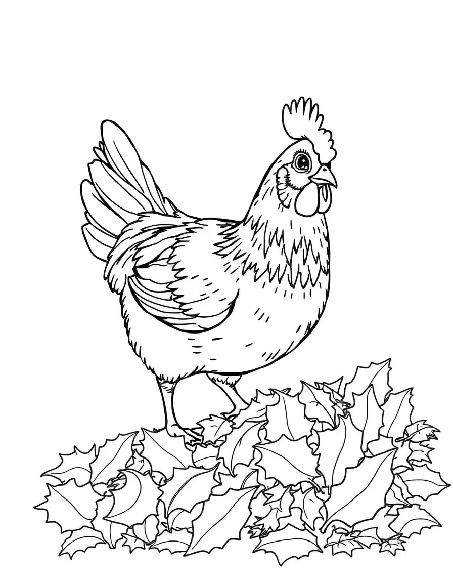 A chicken investigating a pile of fall leaves with curiosity