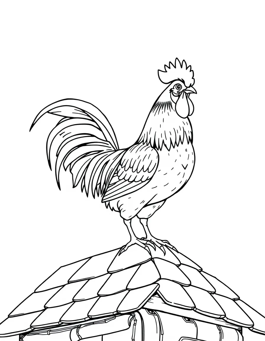 A rooster standing proudly on top of the farmhouse roof