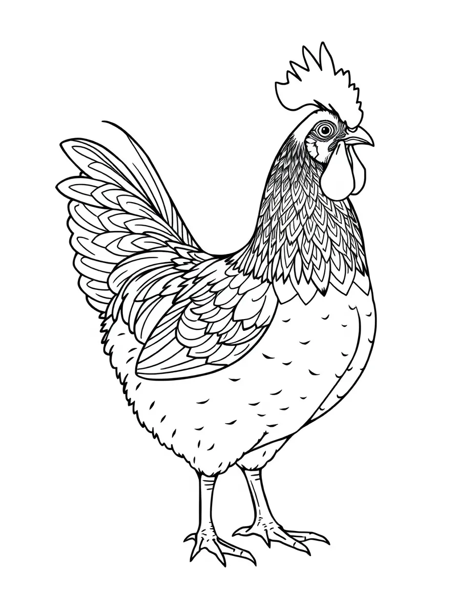 A chicken with elaborate feather patterns on its wings
