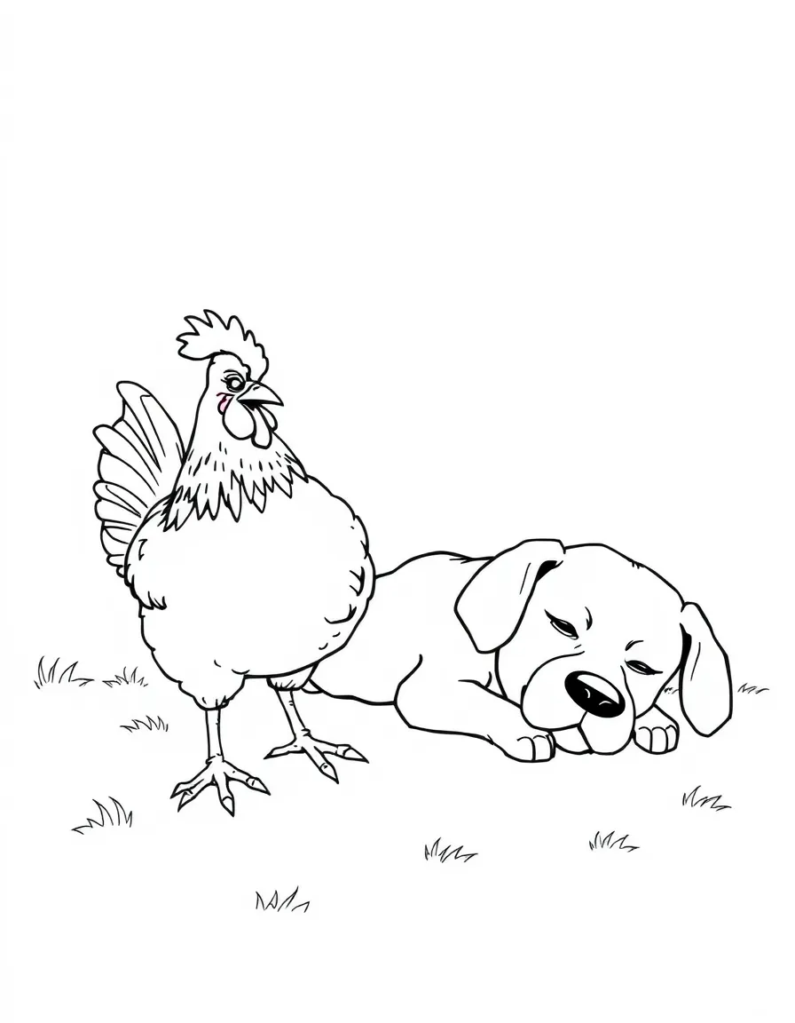 A chicken cautiously approaching a sleeping farm dog