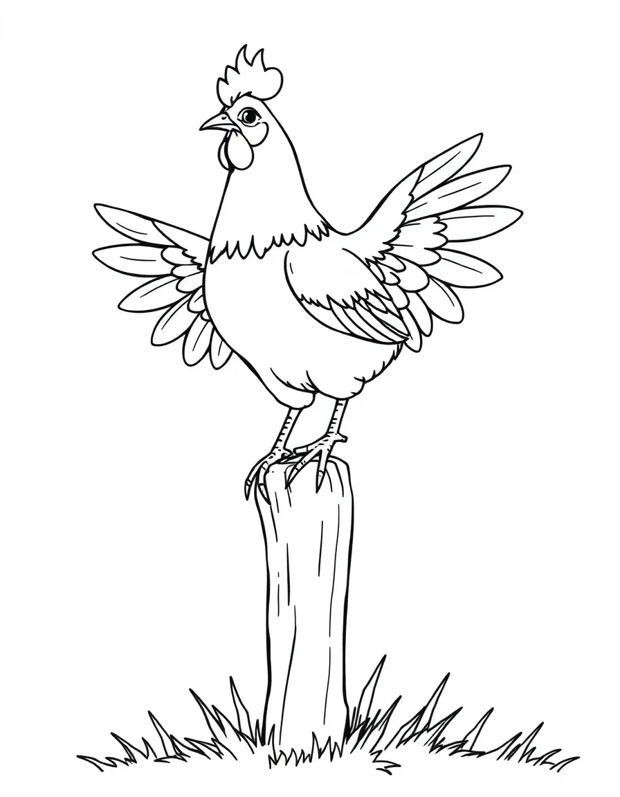A chicken balancing on top of a fence post with wings outspread
