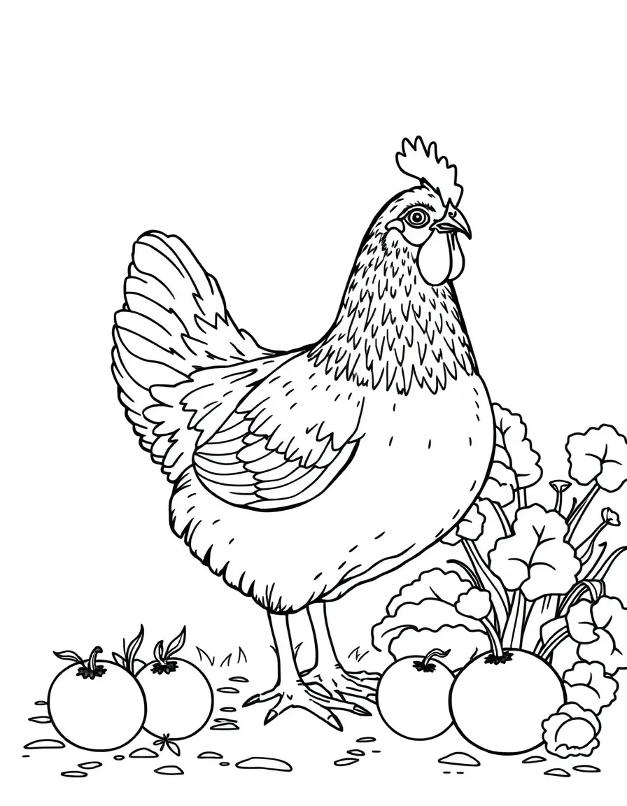 A chicken standing next to fresh vegetables from the garden