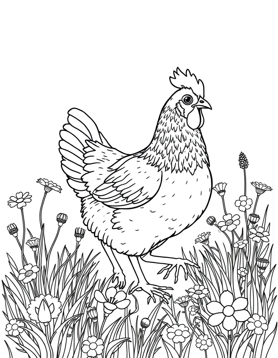 A chicken walking through a patch of wildflowers