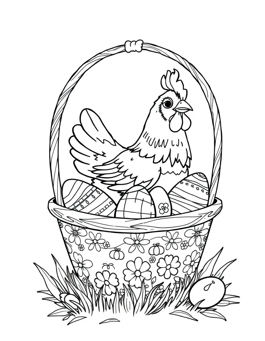 A chicken inside a decorated Easter basket with painted eggs