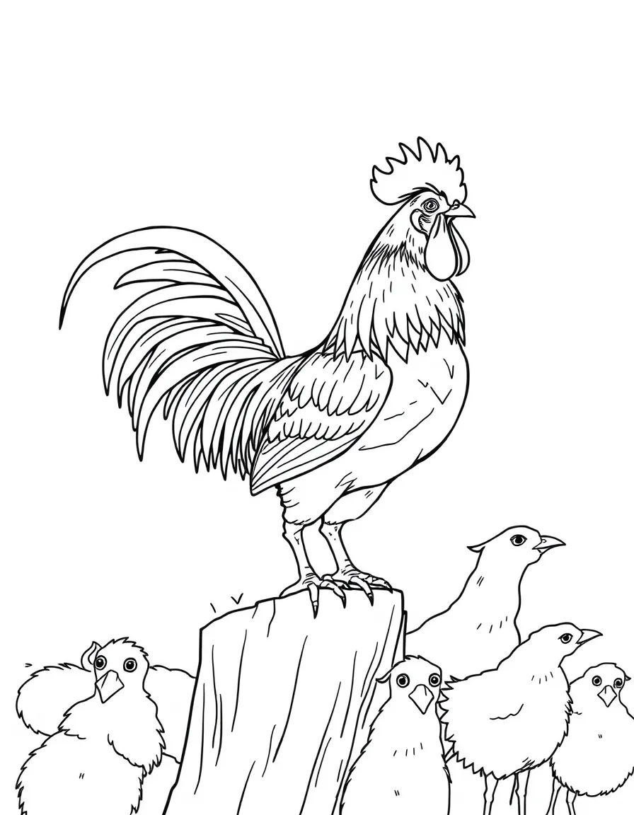 A rooster supervising his flock from an elevated perch
