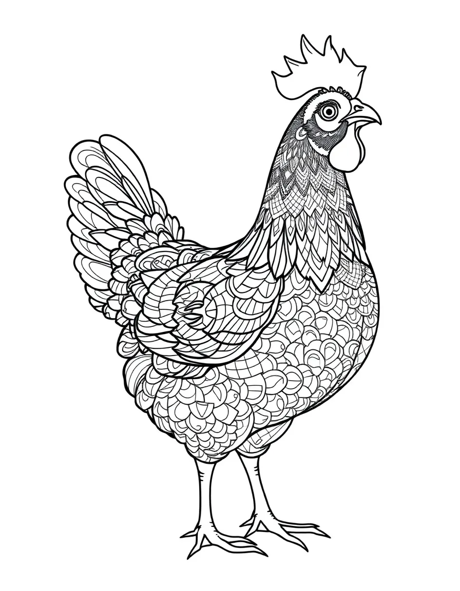 A chicken with intricate lace-like patterns on its feathers