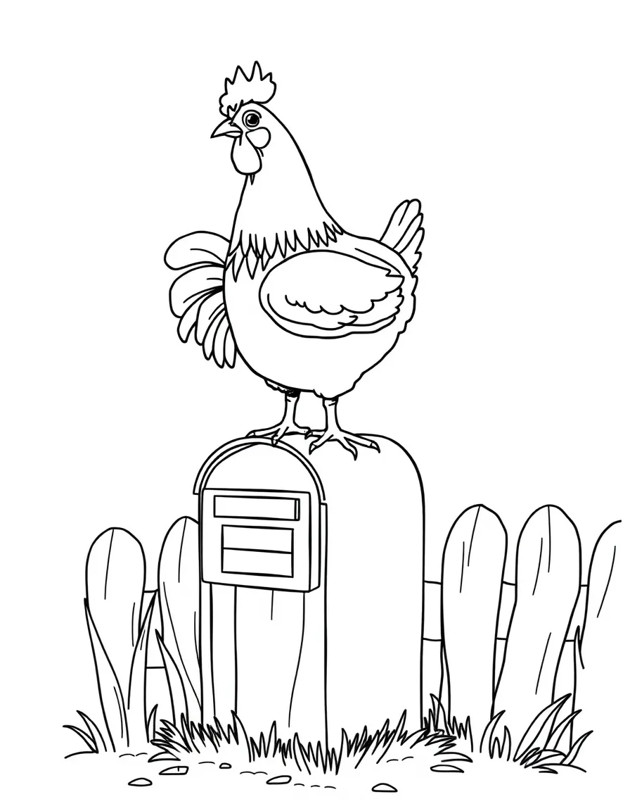 A chicken standing on top of a letterbox at the farm entrance