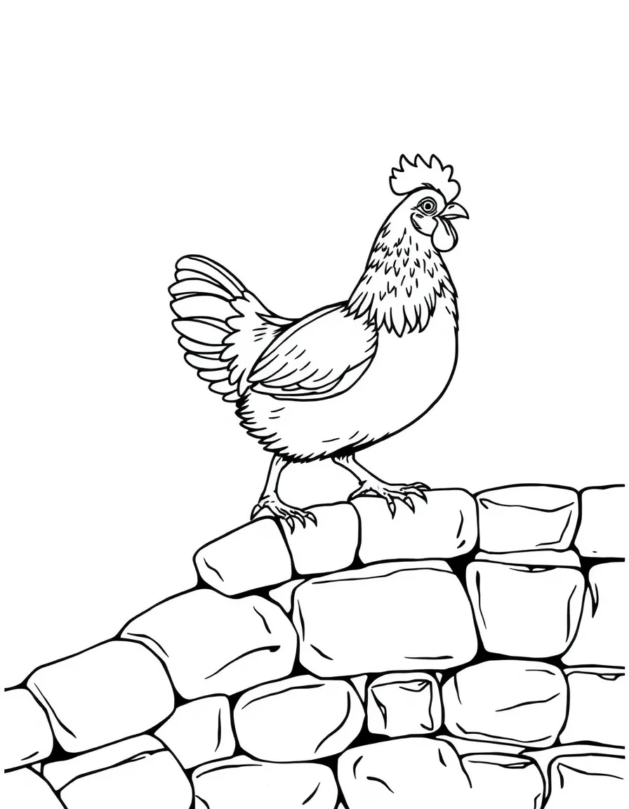 A chicken walking along the top of a stone wall