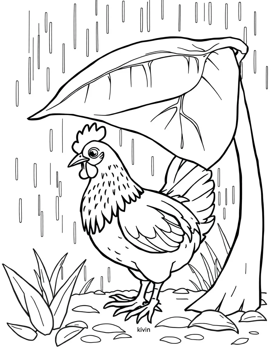 A chicken sheltering under a large leaf during a rainstorm