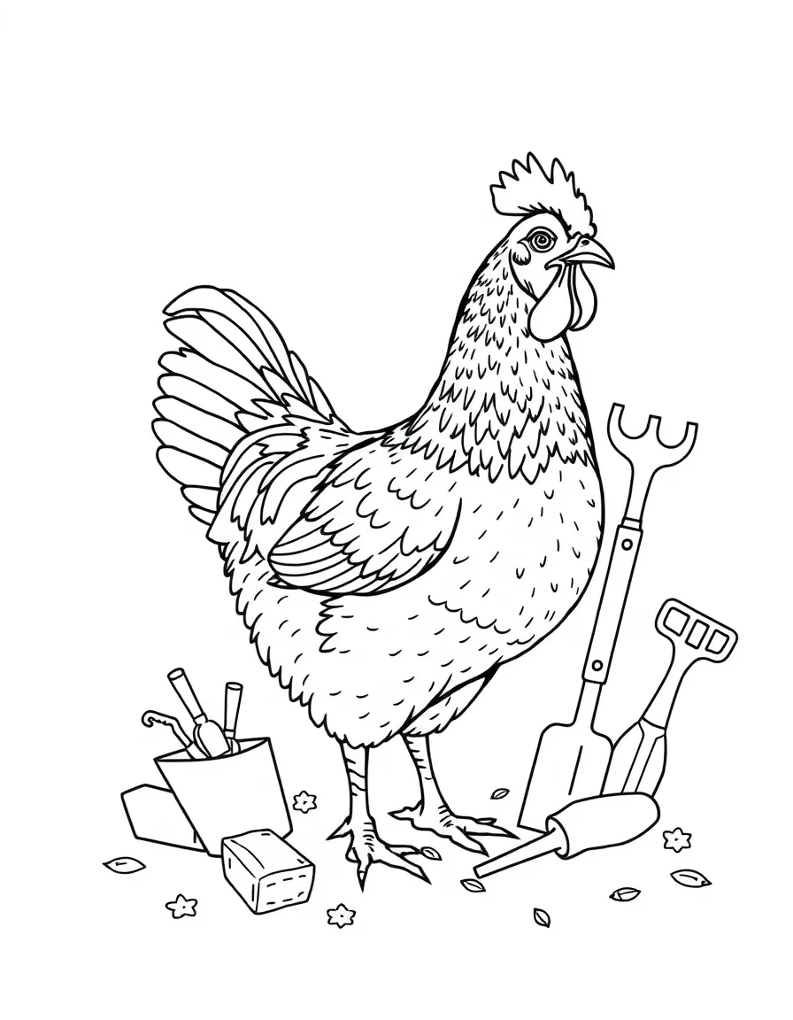 A chicken with farm tools artistically arranged around it