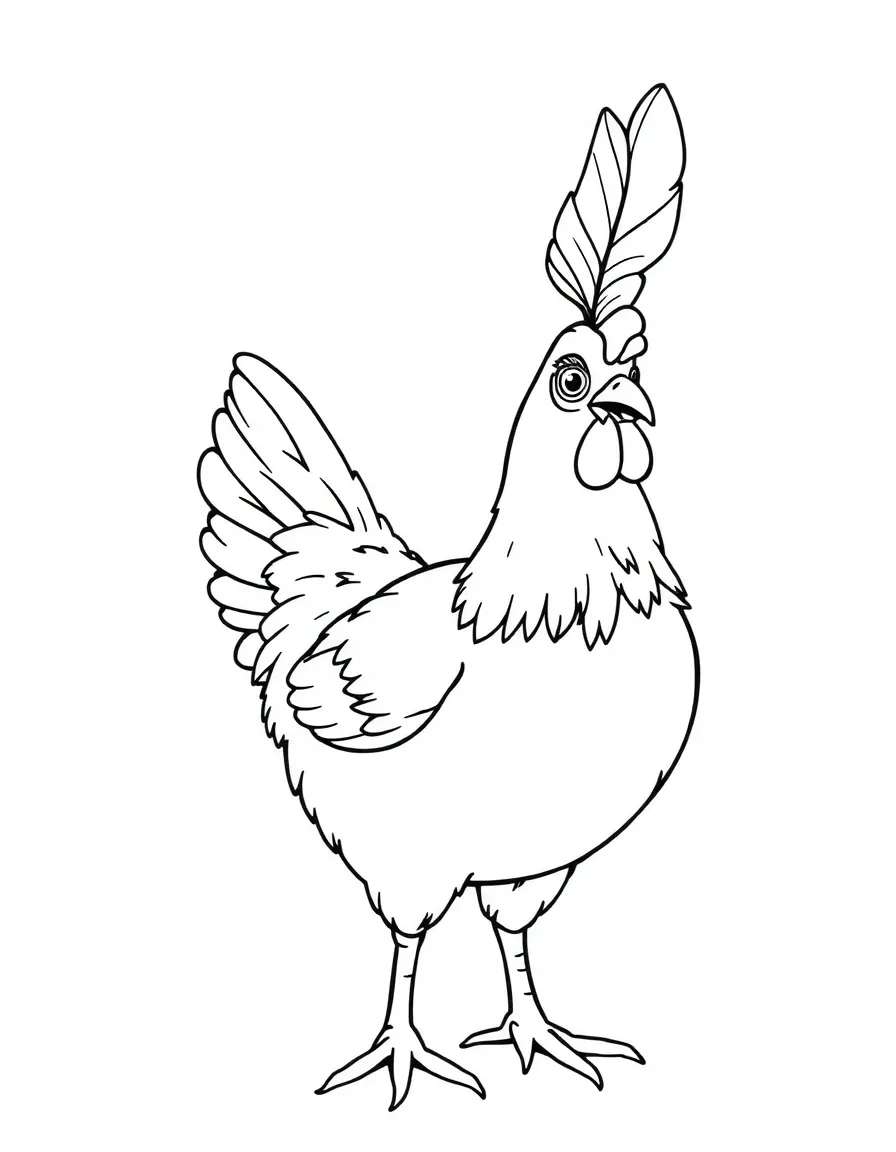 A chicken with a single feather sticking up comically on its head