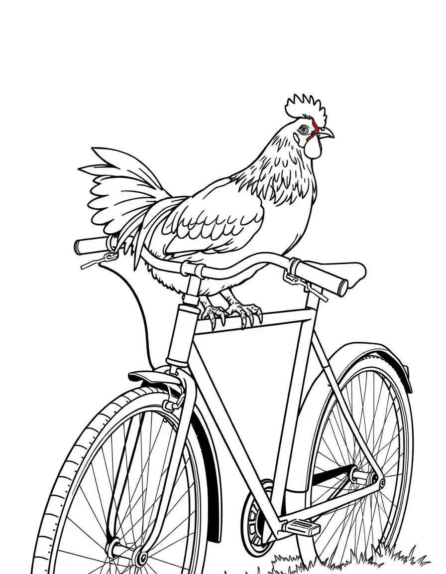 A chicken perched on the handlebars of an old bicycle