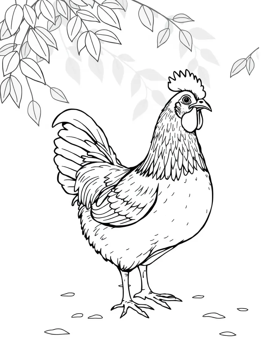 A chicken with elaborate shadow patterns cast by tree leaves